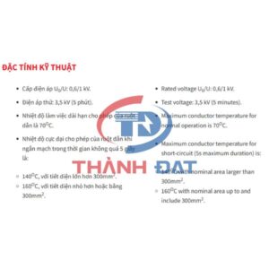 Đặc tính kỹ thuật dây cáp điện AVV CADIVI, ruột nhôm, cách điện PVC, vỏ PVC, cấp điện áp 0,6/1KV