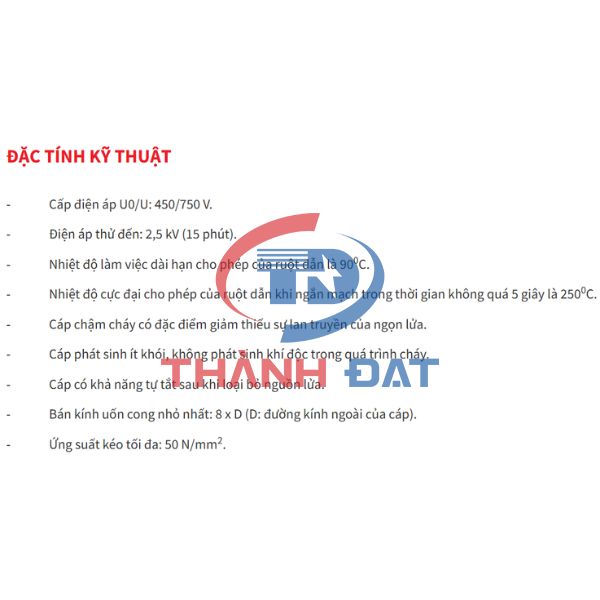 Đặc tính kỹ thuật dây cáp điện CE/FRT/LSHF CADIVI 450/750V