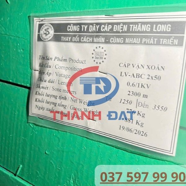 Thông số kỹ thuật cáp nhôm vặn xoắn LV-ABC 2x50 Thăng Long